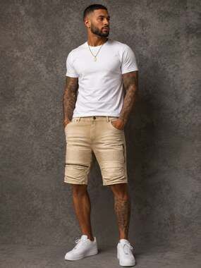 Beat & Rhythm Biker Denim Shorts Khaki with Pleated Panels and Zipper Accents